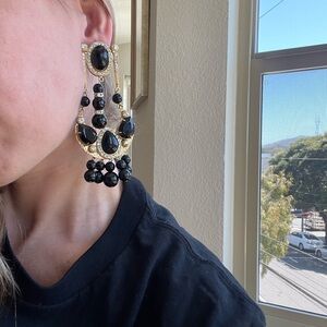 Large Clip-on Vintage Earrings, perfect condition, gold, black and rhinestones